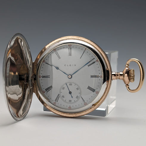 1914年 米国アンティーク エルジン 懐中時計 純銀マルチカラー ハンターケース 動作良好